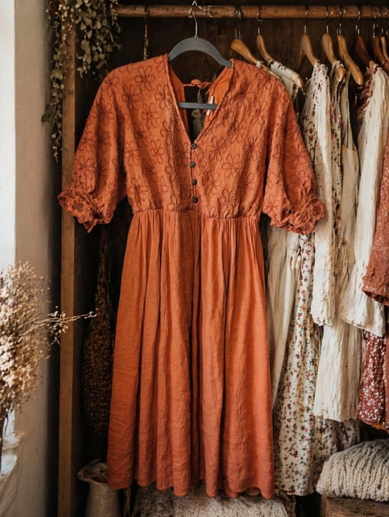 Kings Road Dresses & Skirts - Kings Road Floral Boho Dress Size M Eyelet Sleeve V Neck Button Bodice